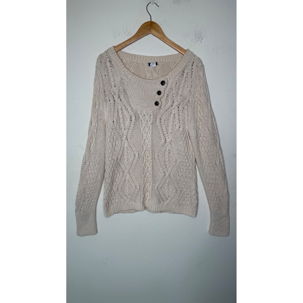 J.Crew Women Classic Fisherman Henley Sweater XL Cream Cable Knit 100% Cotton